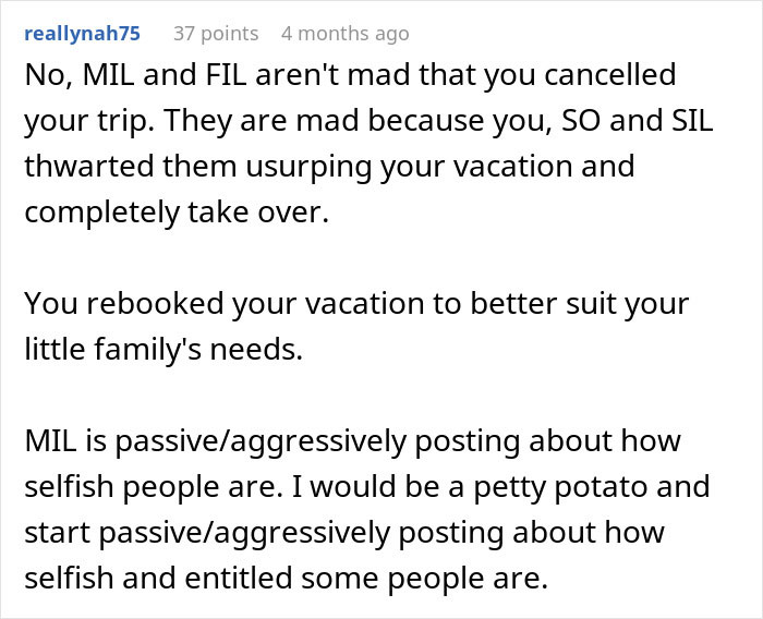 Comment explaining how MIL is passive-aggressively posting after being outplayed on a couple’s vacation takeover. Comment explaining how MIL is passive-aggressively posting after being outplayed on a couple’s vacation takeover.