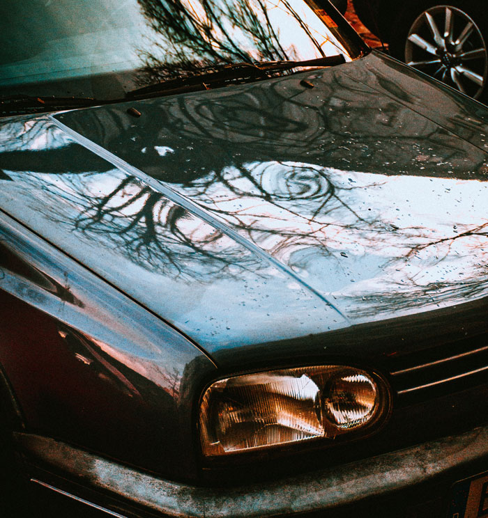 Reflection of tree branches on a damaged car hood illustrating frustration and why some folks don’t deserve nice things.