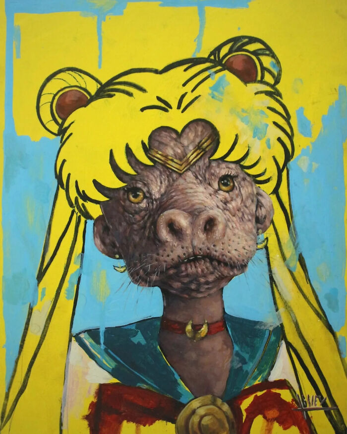 Surreal creepy painting by Tyler Tilley featuring an animal-faced figure with vivid yellow hair and a sailor outfit.