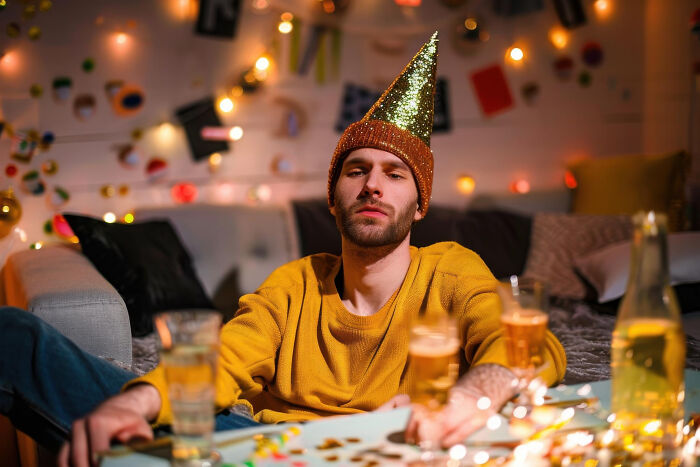 Young man in a party hat sitting alone with drinks, reflecting on people who disappeared to start new lives experiences.