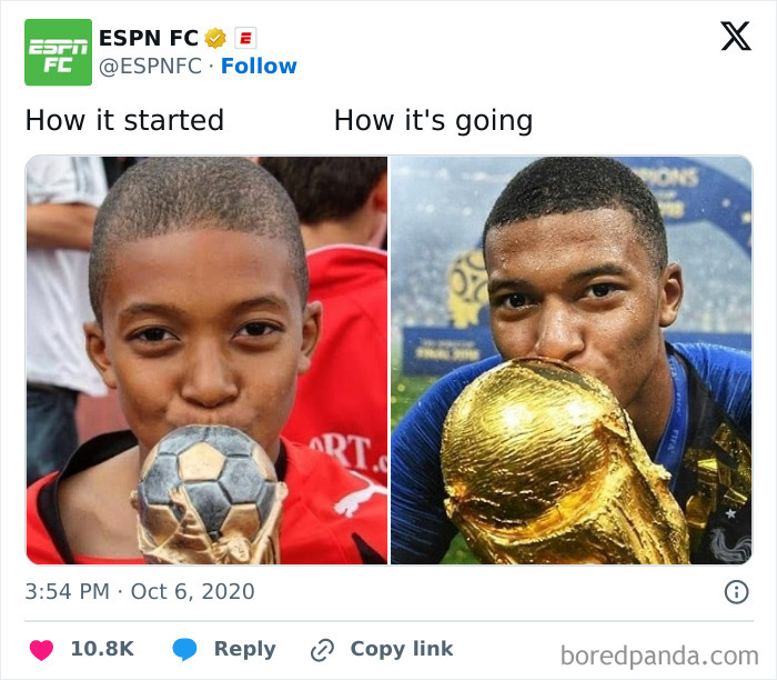 Young soccer player kissing a small trophy and later holding a large World Cup, showcasing dreams turned into reality.