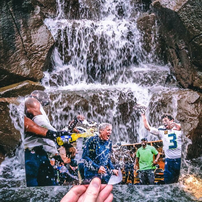 Hand holding a paper cutout of people interacting under a waterfall, showcasing brilliant paper cutouts art. Hand holding a paper cutout of people interacting under a waterfall, showcasing brilliant paper cutouts art.