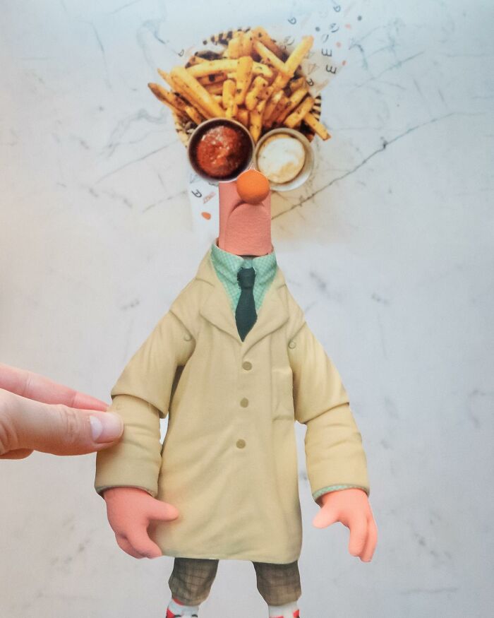 Paper cutouts by Rudy Willingham creatively integrated with real-life objects to form a character with fries as hair.