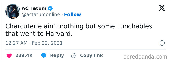 Tweet humor about food comparing charcuterie to upscale Lunchables, part of stupid food memes collection.