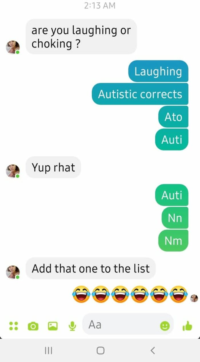 Chat conversation showing autocorrect errors with humorous text exchanges and laughing emojis highlighting autocorrect fails.