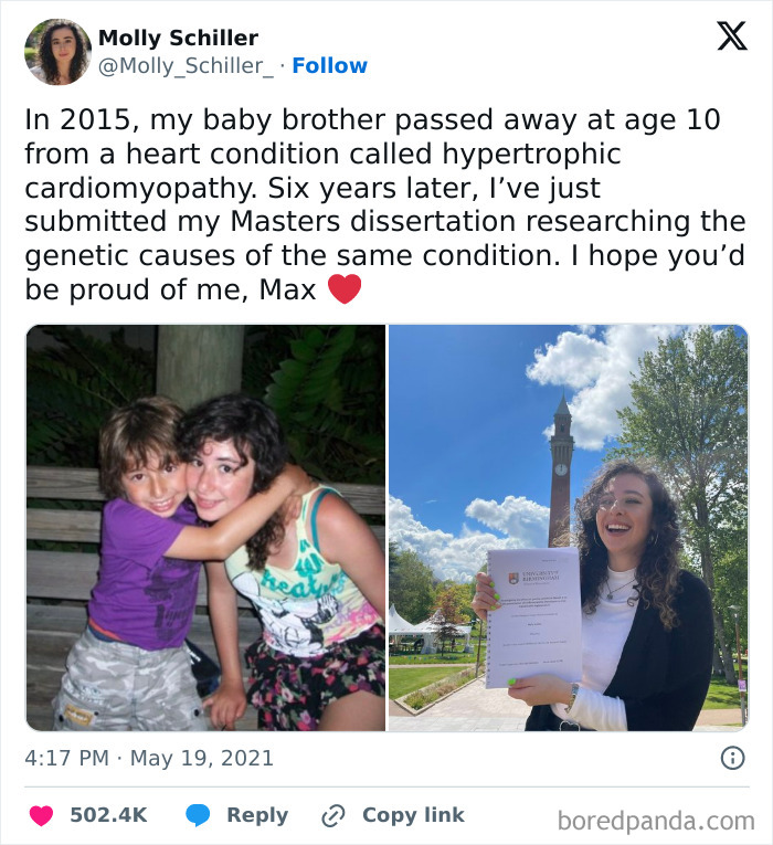 Sibling gratitude shown in childhood hug and graduation celebration with Masters dissertation on genetic heart condition.