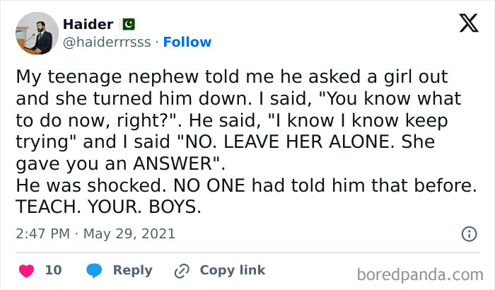 Twitter post about teaching boys to respect women’s boundaries and accept rejection without persistence.