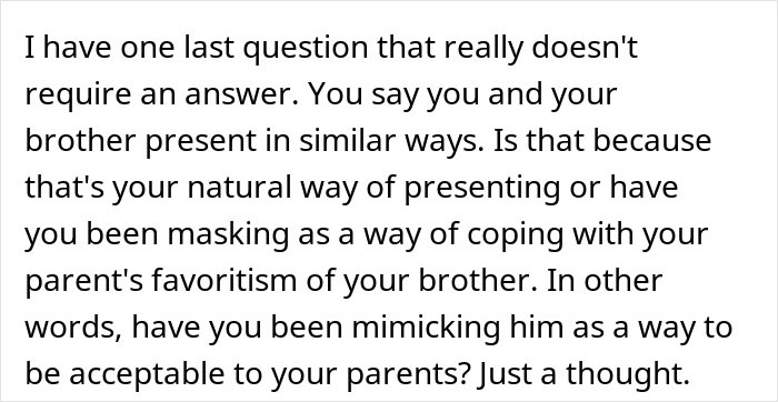 Text discussing masking and coping with favoritism of autistic brother amid entitled parents’ behavior and family dynamics.