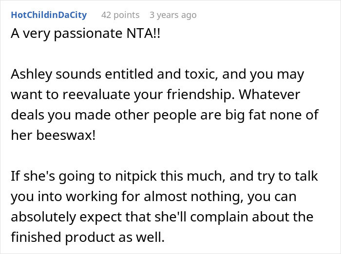 Comment discussing a bride wanting to upgrade her honeymoon at bridesmaid’s expense and facing a reality check.