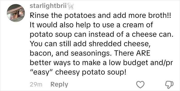 Comment suggesting using cream of potato soup and adding cheese, bacon, and seasonings in wild American food creations. Comment suggesting using cream of potato soup and adding cheese, bacon, and seasonings in wild American food creations.