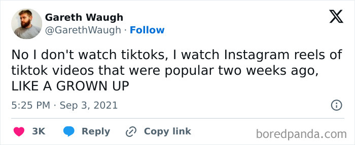 Tweet humor about watching Instagram reels of TikTok videos, featured in 75 randomly funny memes that lighten life.