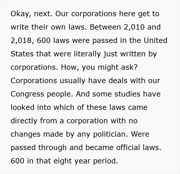 Text discussing corporations writing laws in the US and their deals with Congress related to paying for ambulance rides. Text discussing corporations writing laws in the US and their deals with Congress related to paying for ambulance rides.
