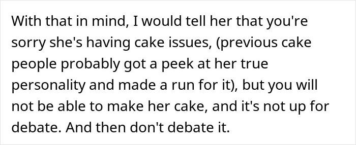 Text excerpt discussing bride’s cake issues and refusing to make cake, reflecting bride wants to upgrade honeymoon conflict.