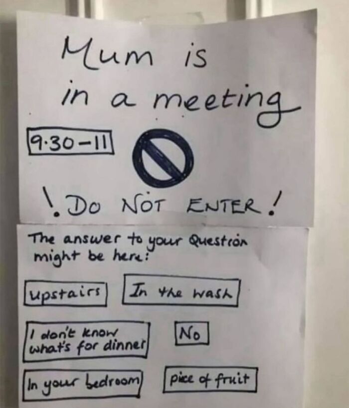 Handwritten funny meme note about a mom in a meeting with random answers, part of randomly funny memes collection.