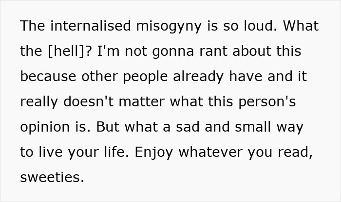 Text criticizing internalized misogyny and defending women who read romantasy books despite negative opinions.