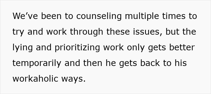Text about counseling and a man prioritizing work, highlighting workaholic behavior affecting family life.