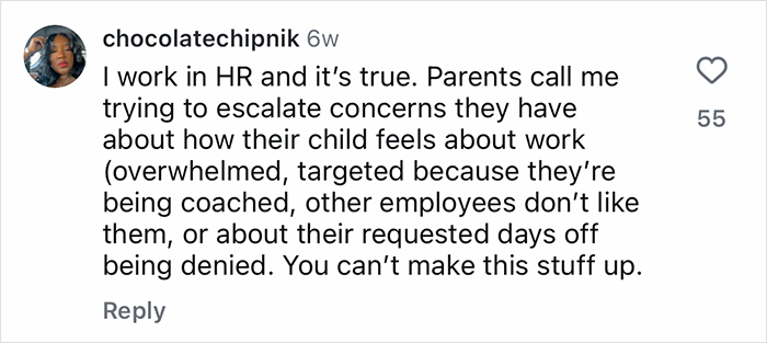 Comment about Gen-Z workers whose parents intervene in workplace issues, shared by an HR professional.