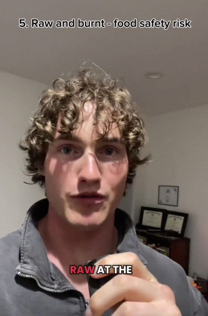 Young man discussing raw and burnt food safety risks in wild American food creations that traumatized the internet. Young man discussing raw and burnt food safety risks in wild American food creations that traumatized the internet.