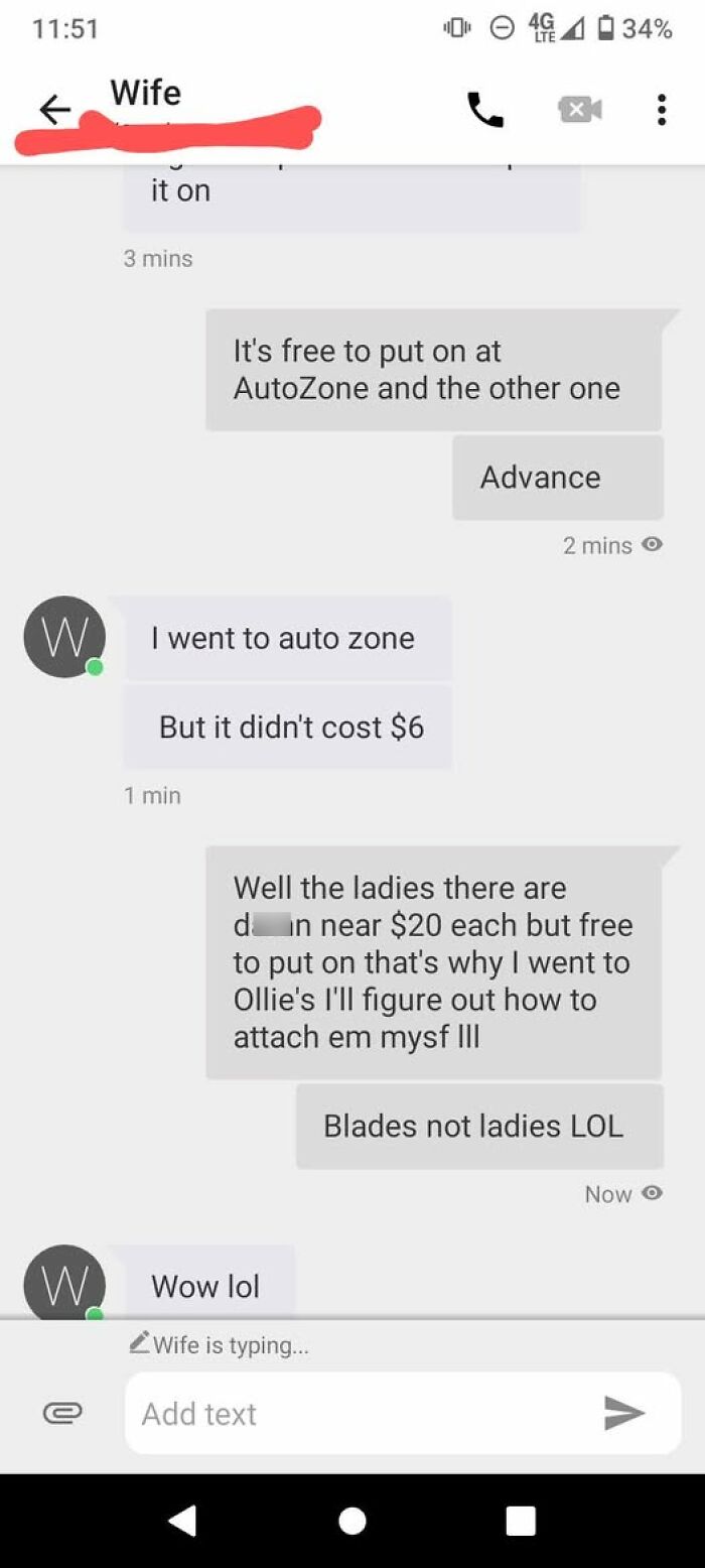 Text message conversation showing autocorrect error where "blades" was mistakenly typed as "ladies" in a funny autocorrect fail.