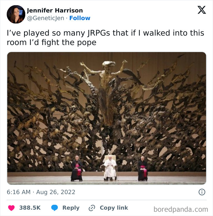 Photo of three religious figures sitting in front of a large sculptural gaming-themed backdrop for dads who just want to game.