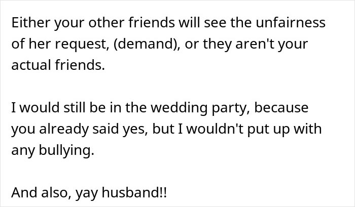 Text discussing a bride wanting to upgrade her honeymoon at her bridesmaid’s expense and facing a reality check.
