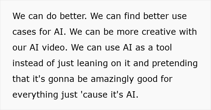 Text discussing improving AI use in video, advocating creativity and using AI as a tool beyond basic reliance in Coca-Cola’s holiday commercial.