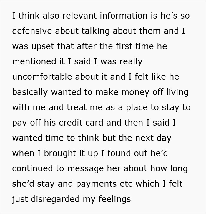 Text discussing a girlfriend feeling uneasy about her boyfriend’s plans and sleeping arrangements with a newly single friend.