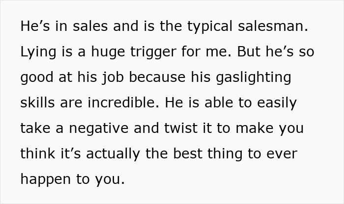 Text about a man in sales with gaslighting skills who prioritizes work and pretends not to have a family.