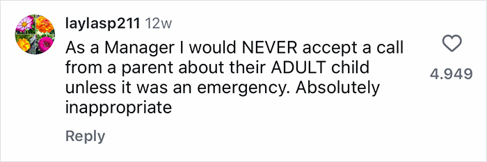 Screenshot of a social media comment discussing managers rejecting calls from parents of Gen-Z workers about workplace issues.