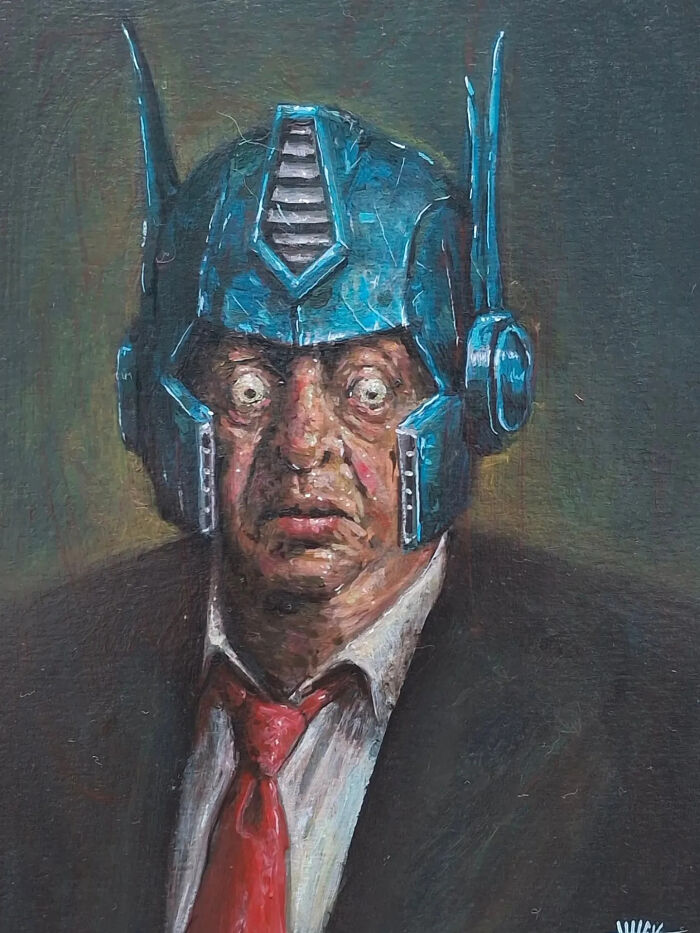 Creepy painting by Tyler Tilley of a shocked man wearing a blue robotic helmet and a red tie in dark tones.