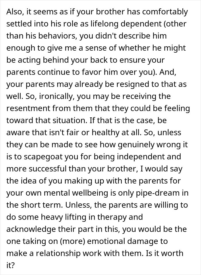 Text discussing entitled parents treating their autistic brother as golden child while ignoring his creepy behavior and family dynamics.