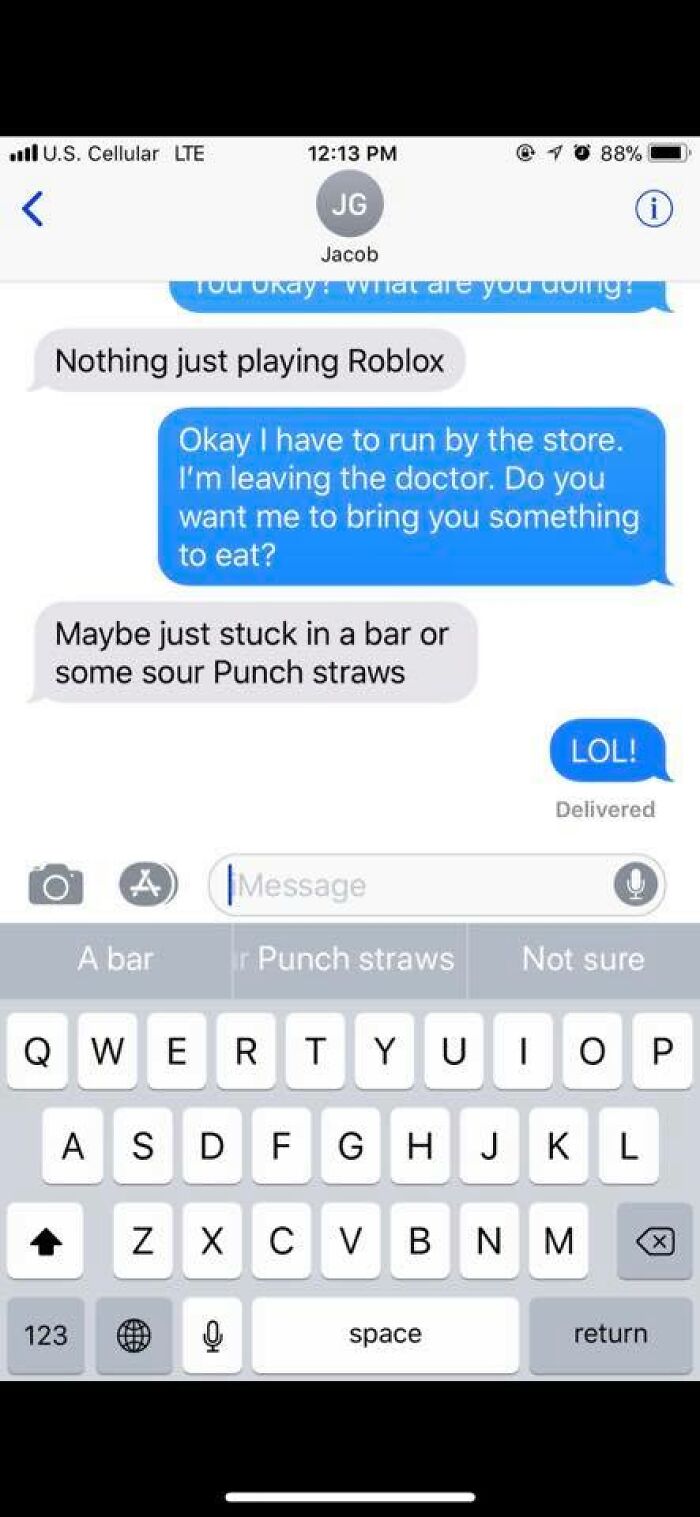 Text message conversation showing autocorrect mistake turning a phrase into a funny sour Punch straws request.