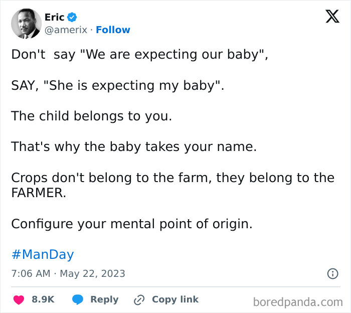 Tweet discussing ownership and perspective on pregnancy, reflecting cringe-worthy takes on women that may make you question humanity.