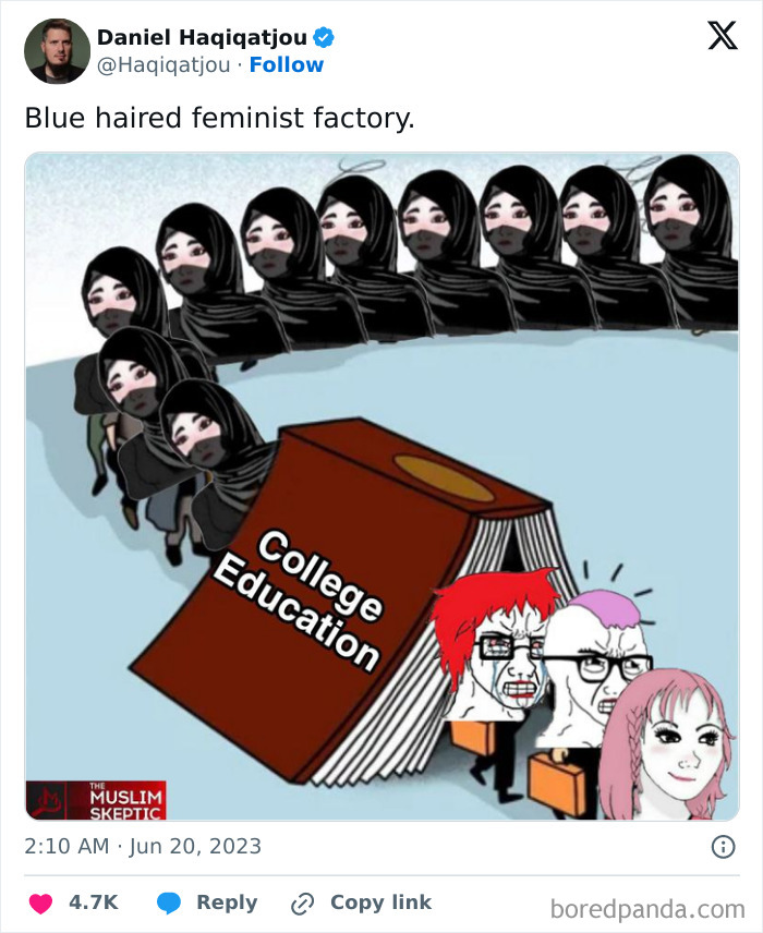 Cartoon showing a large college education book leaning on women with hijabs, featuring exaggerated faces and pink hair.