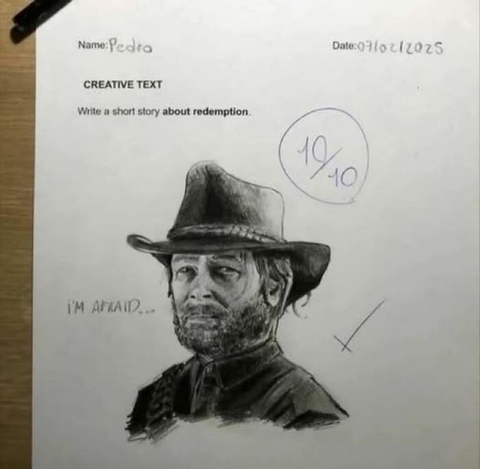 Pencil drawing of a man in a cowboy hat on a creative text page, graded 10 out of 10, in pics that go hard collection.