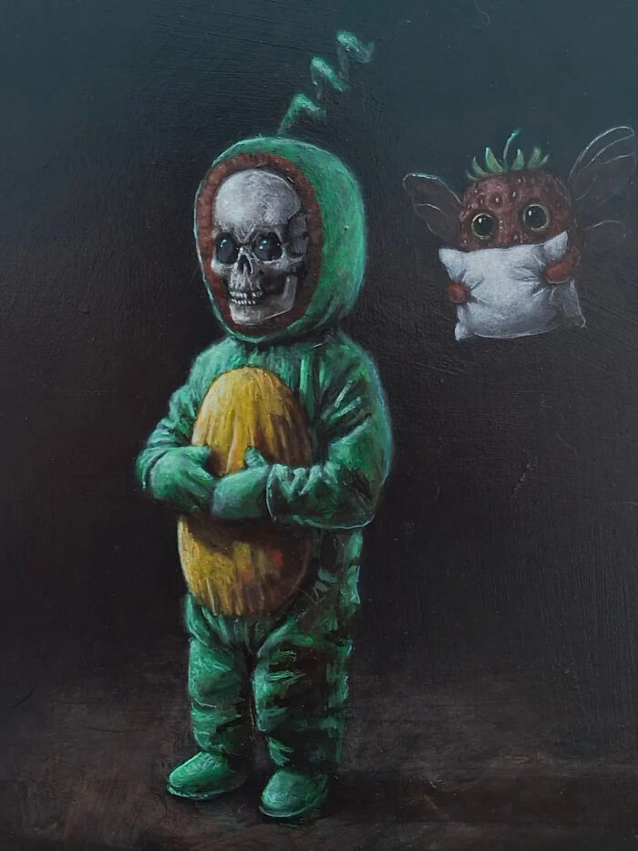 Creepy painting by Tyler Tilley showing a child in a green costume with a skull face and a small winged creature holding a pillow.