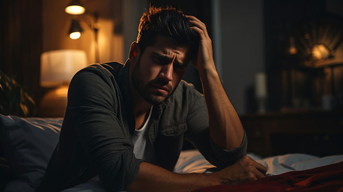 Man sitting on bed looking hurt and stressed, feeling like a single parent due to wife prioritizing work over family. Man sitting on bed looking hurt and stressed, feeling like a single parent due to wife prioritizing work over family.