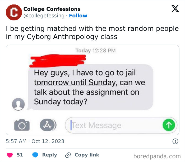 Text message humor from students and young adults about school assignments and unusual classmate situations.