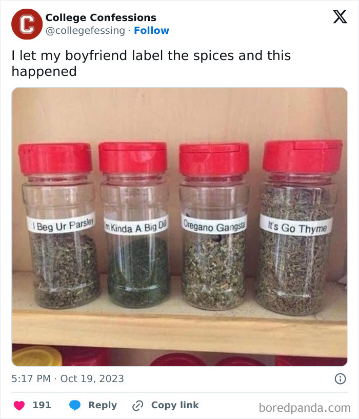 Four spice jars with humorous labels including I Beg Ur Parsley and It’s Go Thyme, reflecting students and young adults relatable humor.