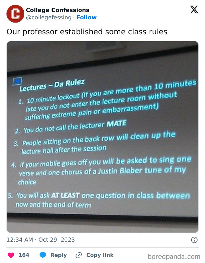 Classroom rules projected on screen with humorous lecture guidelines for students and young adults in relatable meme style.