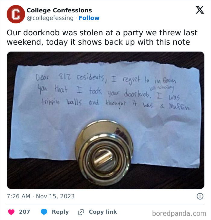 Note and returned doorknob from a party show students and young adults living interesting, relatable lives.