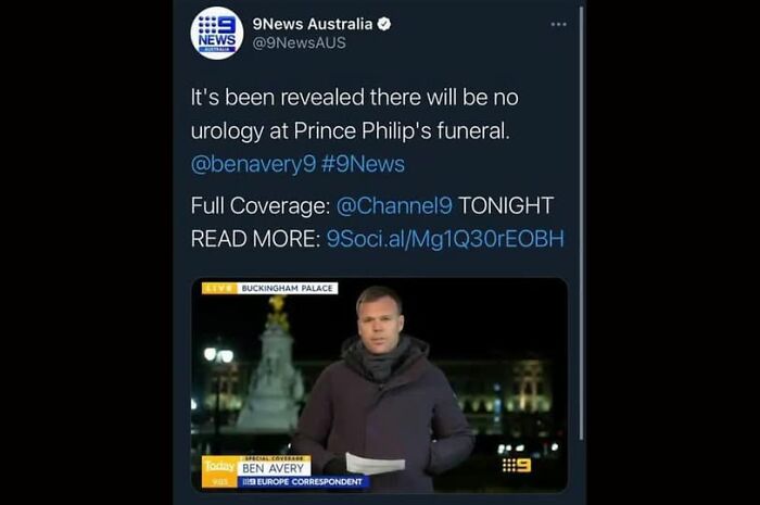 Tweet from 9News Australia with a humorous autocorrect error about a funeral, featuring a news correspondent on screen.