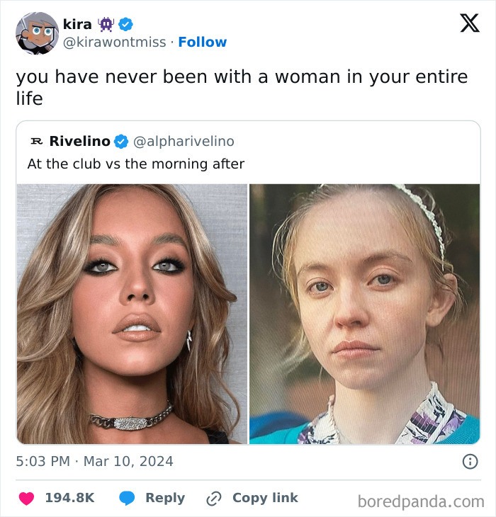 Tweet meme with side-by-side images showing dramatic makeup transformation related to makeup fashion and diva life.