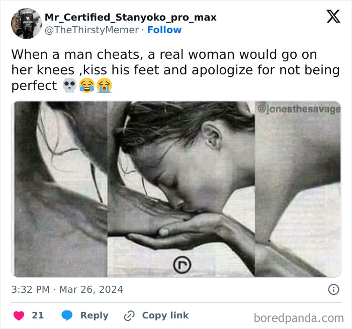 Woman on her knees kissing a man’s feet, a cringe-worthy take on women in a controversial social media post.