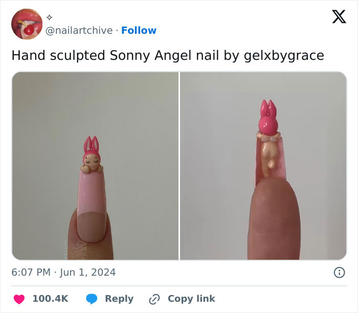 Hand sculpted Sonny Angel nail art with pink bunny design, showcasing creative makeup and fashion diva life trends.
