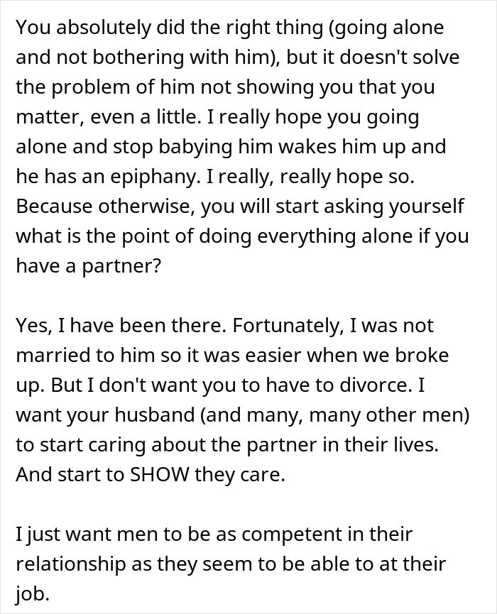 Text showing a woman stops treating her husband like a kid, hoping he starts to show he cares in their relationship.