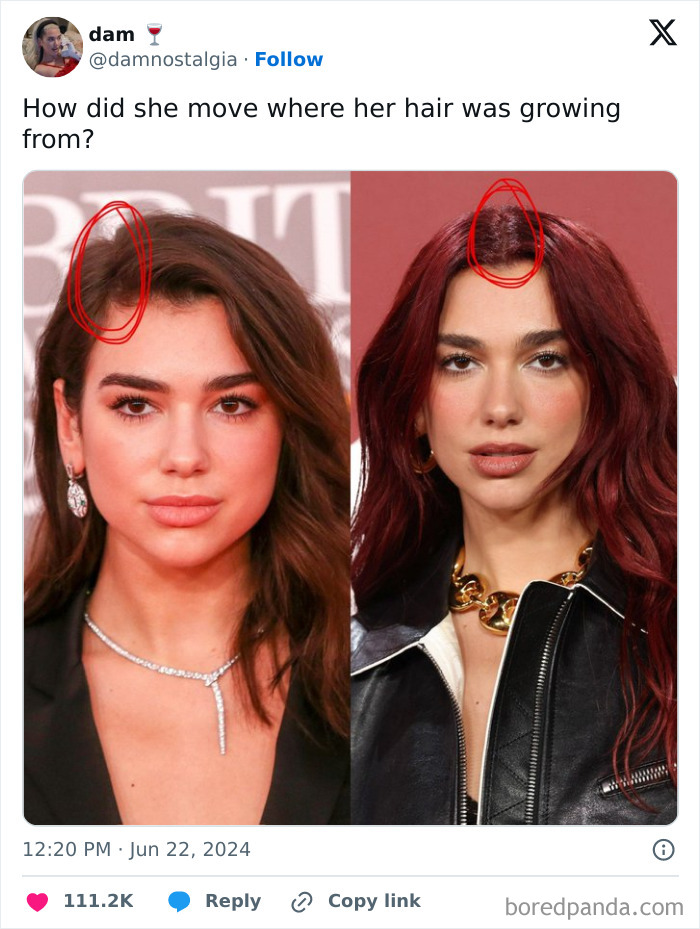 Side-by-side images of a woman with different hair colors and styles, highlighting dramatic makeup and fashion looks.