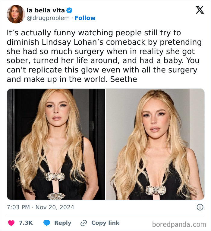 Side-by-side photos of a woman with long blonde hair and makeup, showcasing makeup, fashion, and diva life style.