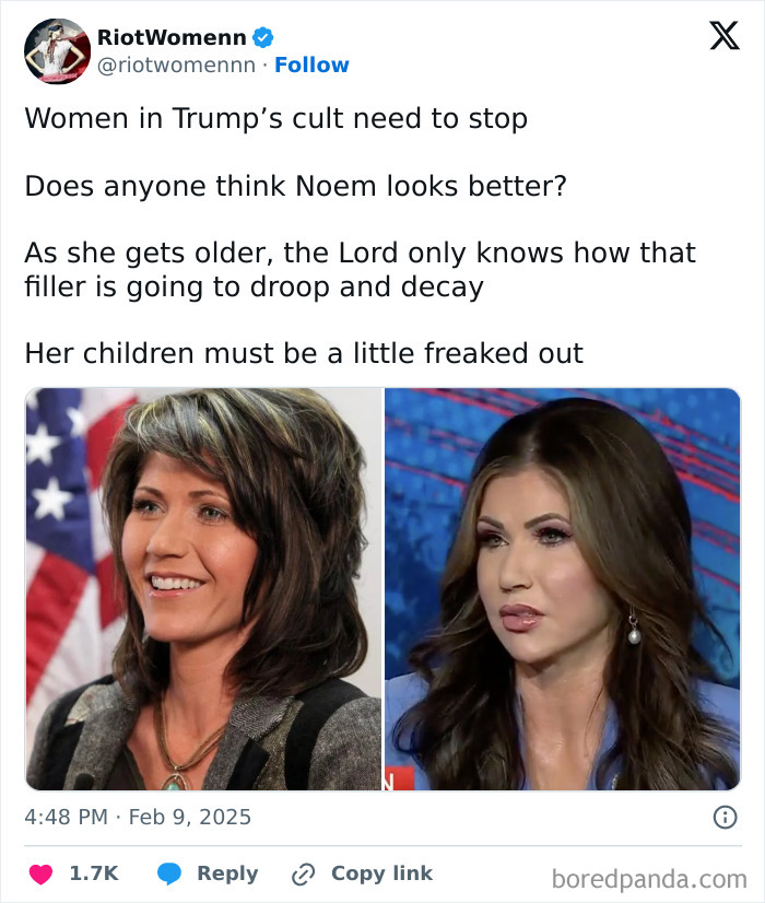 Side-by-side photos showing Kristi Noem transformation before-and-after pictures over the years with different hairstyles and makeup.