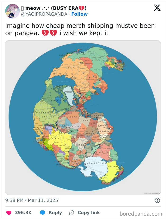 Map of Pangea showing modern countries combined humorously for hilarious educational memes about geography and history.